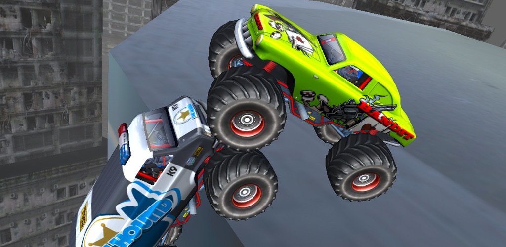 Two monster trucks, a green one and a white police truck, fighting on a rooftop in Some Must Fall